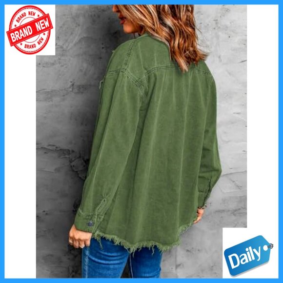 Oversized Denim Shacket with Frayed Hem and Front Pockets - Picture 2 of 7